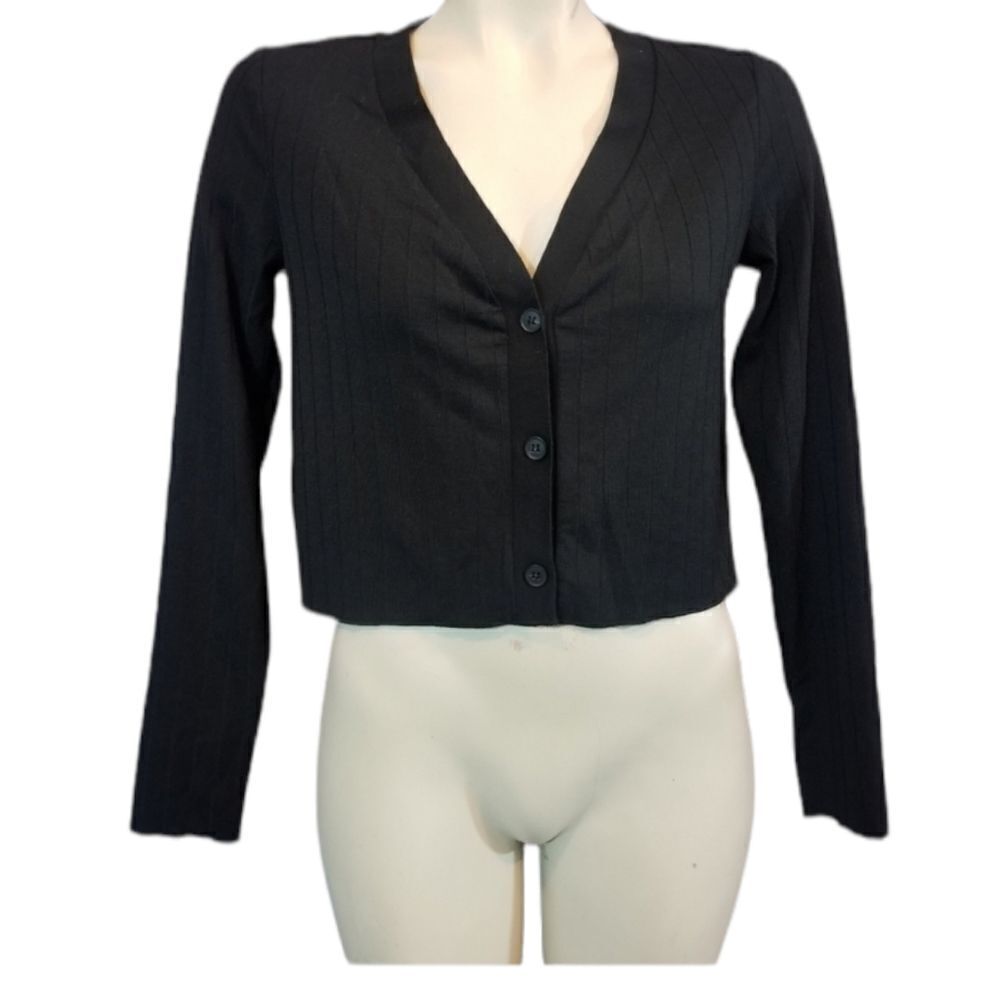 Elodie Black Button Down V-Neck Cropped Top Size Small‎